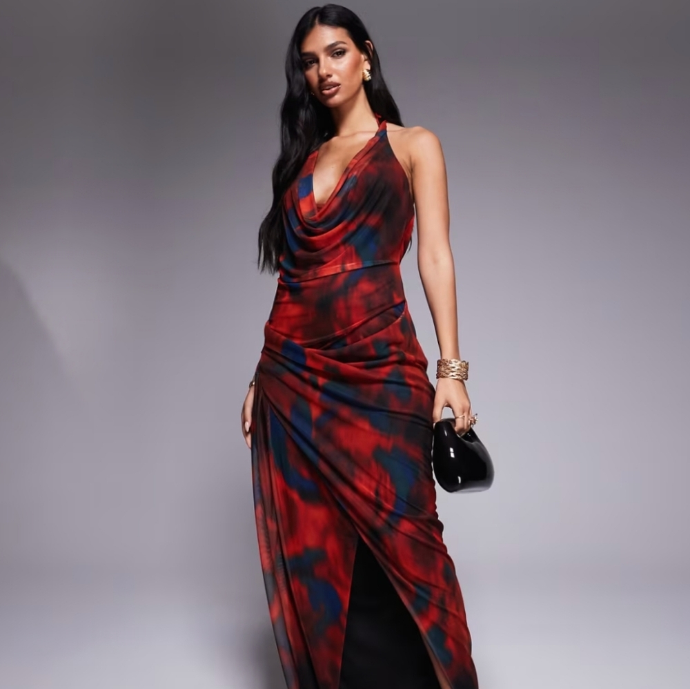 Mesh Plunge Red Halter Midi Wrap Dress